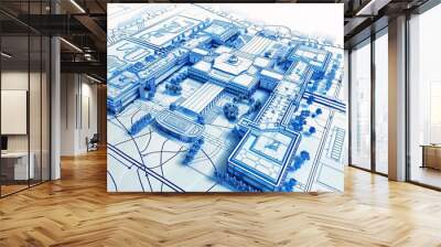 Architectural blueprint style drawing of hospital layout with shopping mall elements Wall mural