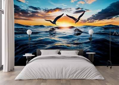 Birds flying across a calm ocean at sunset glowing sky reflected on the water cinematic lighting high resolution magazine photography Wall mural