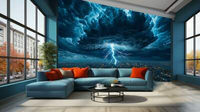 Dramatic thunderstorm with dark clouds lightning strikes over a cityscape ultra HD sharp focus high detail Wall mural