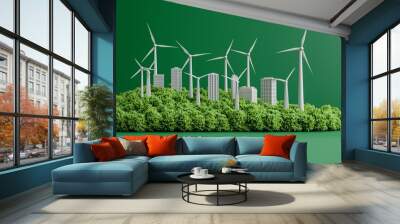 Wind turbines surrounding a modern cityscape urban energy solutions renewable power clean city design Wall mural