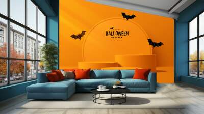 3D orange round podium background in halloween festival concept. Abstract composition in vector minimalist design. Studio display showroom stand product pedestal, Fashion stage showcase mockup scene. Wall mural