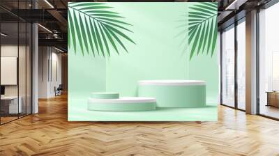 Abstract white cylinder pedestal podium, Light green empty platform with green palm leaf, geometric backdrop. Vector rendering 3d shape, Product display presentation. Pastel room minimal wall scene. Wall mural