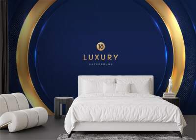 Dark navy blue and gold circle shapes on background with glowing golden striped lines and glitter. Luxury and elegant. Abstract template design. Design for presentation, banner, cover. EPS10 vector Wall mural