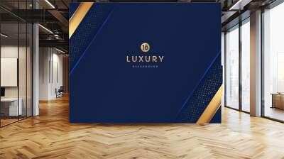 Dark navy blue and gold geometric shapes on background with glowing golden striped lines and glitter. Luxury and elegant. Abstract template design. Design for presentation, banner, cover. EPS 10 Wall mural