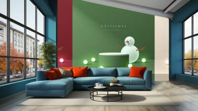 Set of 3D christmas podium background in red, cream and green color with neon ball and snowman decorate. Mockup product display. Mery christmas and new year minimal scene. Abstract composition design. Wall mural