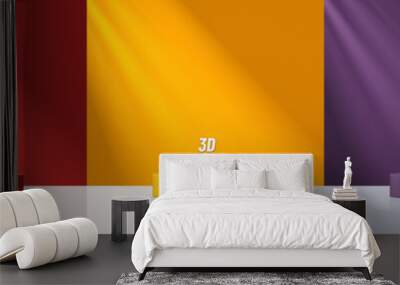 Set of 3D product podium background in red, yellow and dark purple on white floor empty space. Abstract composition in minimal design. Studio showroom product pedestal, Fashion showcase mockup scene. Wall mural