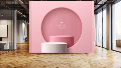 Set of abstract 3D background with realistic white, pink cylinder stand podium in square, circle round, octagon shape window. Minimal scene for product display. Vector geometric forms. Stage showcase. Wall mural