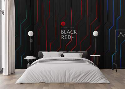 Set of dynamic green, blue and red light on black metallic cyber geometric design in circuit  style. Modern technology futuristic dark background. Design for banner, cover, web, flyer. Vector EPS10 Wall mural