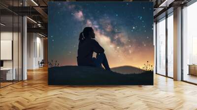 A contemplative woman stargazing on hilltop. Wall mural