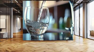 A glass of water being poured in a kitchen from a tap. Wall mural