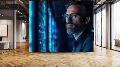 A tech expert in glasses stands by server racks. Wall mural