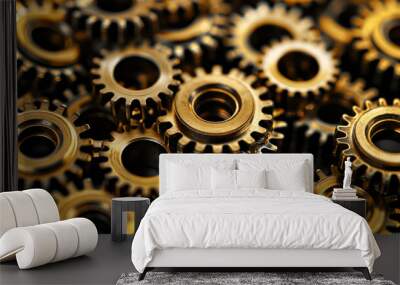 Close-up of a pile of golden gears and cogs, showcasing the intricate details and metallic sheen of the mechanical components, emphasizing precision and engineering. Wall mural