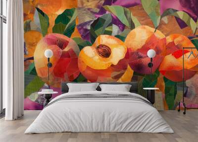 Peaches in collage form on vibrant background. Wall mural