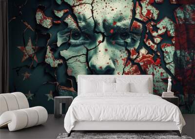 Powerful cracked face amidst american flag fragments Wall mural