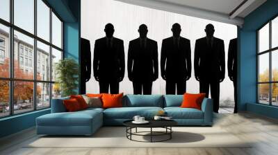 Silhouettes of six men in suits standing in a row against a bright background, creating a dramatic and mysterious scene with a sense of unity and formality. Wall mural