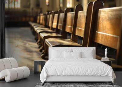 Sunlit wooden benches in a serene chapel. Wall mural