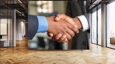 Two people shaking hands in a business setting, symbolizing agreement, partnership, or deal-making in a professional environment. Wall mural