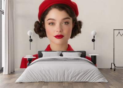 Young woman in a classic red outfit with matching beret, exuding elegance and sophistication, posed against a plain light background. Wall mural