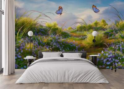 Beautiful summer or spring meadow with blue flowers of forget-me-nots and two flying butterflies. Wild nature landscape. Wall mural