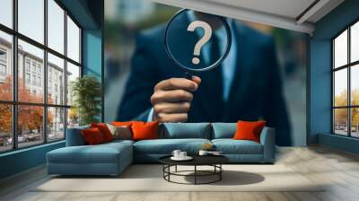  Problem analysis or problem management, analyze or investigate for root cause or incident, finding solution or discover threat or uncertain, businessman with magnifying glass analyze question, Genera Wall mural