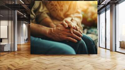 Close up caucasian woman and man in love sitting on couch two people holding hands, Generative AI Wall mural