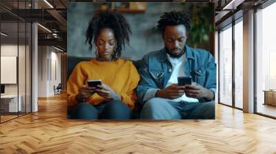 Indifference concept. Black couple using mobile phones sitting on different sides of couch, ignoring one another at home, full length, Generative AI Wall mural