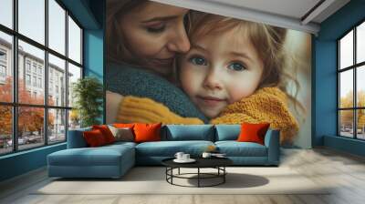 Little daughter hugging her mommy, enjoying warm embrace and cute moment of family bonding at home, panorama, free space for text or design, Generative AI Wall mural