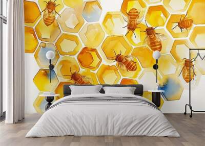 painting in watercolor with a continuous honeycomb design. Yellow honeycombs in an adorable abstract backdrop on a white background. design for textiles, wrapping paper, and wallpaper. Generative AI Wall mural