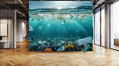 Plastic pollution in the ocean, Generative AI Wall mural