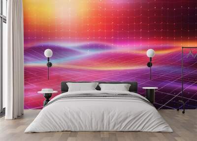 Abstract 3D rendering of a grid landscape with neon lights and colors. Sci-fi background for futuristic, technology, cyberpunk, virtual reality concepts. Wall mural