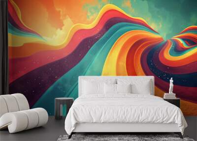 Monochrome Waves of Retro Groovy Psychedelic.
 Wall mural