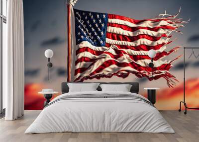 dramatic wavy american flag in the red sky Wall mural