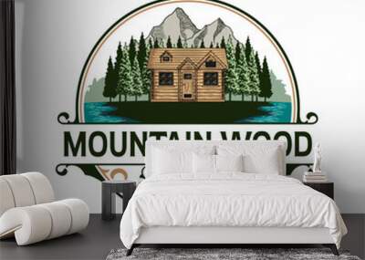 Vintage logo design illustration of mountain log cabin with mountain and pine tress and lake view Wall mural