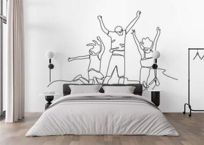 Continuous one-line drawing three best friends jump. Friendship Day concept. Single line drawing design graphic vector illustration Wall mural