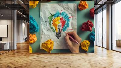 Creative idea concept with hand drawing abstract lightbulb sketch on paper sheet surrounded with colorful crumpled paper balls Wall mural