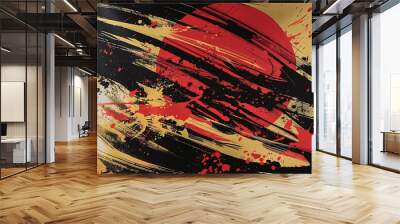 Japanese style poster featuring the Japanese flag in red, gold and black. Red, black and gold abstract background texture in the shape of an ocean wave. Wall mural