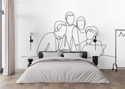 Single one line drawing working together, discussing business. Meeting of colleagues. Coworking, teamwork concept. Continuous line draw design graphic vector illustration. Wall mural