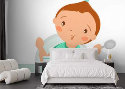 Vector little baby girl with spoon and plate. Illustration isolated on a white Wall mural