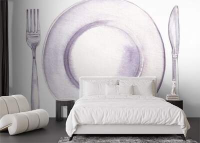 Watercolor illustration of empty plate, knife and fork Wall mural