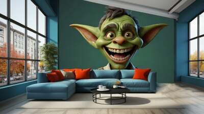 A 3D cute cartoon style portrait of a mischievous, pointy-eared goblin character with green skin, sharp teeth, and a cheeky grin, set against a simple background Wall mural