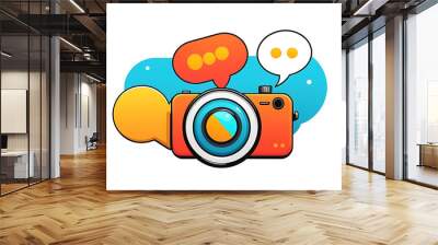 a minimalist icon of a chat bubble with a video camera, symbolizing video chats, on a white background. Wall mural