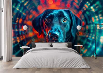 A black dog with soulful eyes, framed by vibrant, futuristic digital patterns, merging technology and emotion. Wall mural