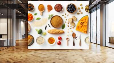 A Culinary Rainbow: Vibrant and diverse ingredients paint a delicious tapestry on a pristine white background, celebrating the art of cooking and healthy eating. Wall mural