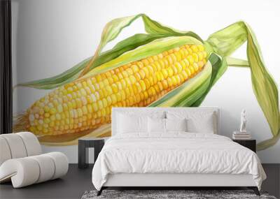 A detailed watercolor illustration of a ripe corn cob with golden yellow kernels, partially enclosed by its natural green husk, highlighted against a white background. Wall mural