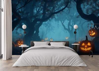 A foggy, moonlit forest with glowing jack-o'-lanterns scattered among the trees, creating a hauntingly beautiful scene. Wall mural