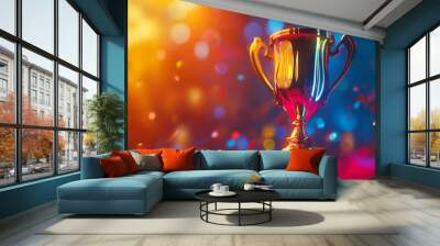 A gold cup with a red rim sits on a table with colorful confetti around it Wall mural