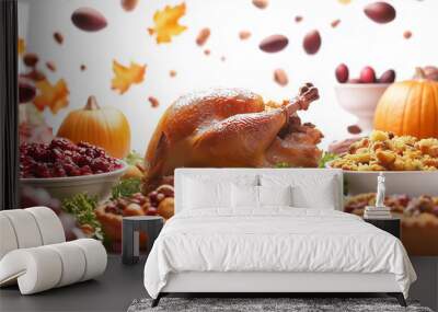 A mouth-watering Thanksgiving turkey, surrounded by festive fall sides. Wall mural