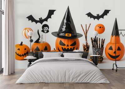 A playful Halloween setup with jack-o'-lanterns, bats, and candy, ready for trick-or-treating. Wall mural