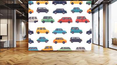 A playful illustration of various cars in different colors and styles, arranged in a pattern on a white background, representing diversity in vehicles. Wall mural