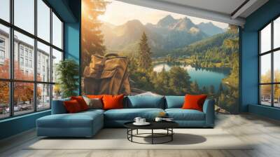 A serene hiking scene with a backpack overlooking a lake and mountain range. Wall mural